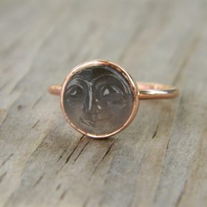 Handmade Man in the Moon 14k Rose Gold and Black Moonstone Smiling Face Ring