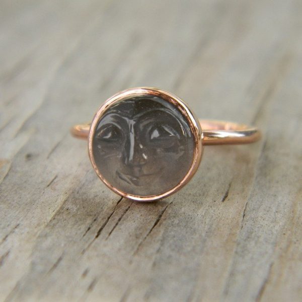 Handmade Man in the Moon 14k Rose Gold and Black Moonstone Smiling Face Ring