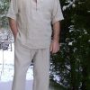 Mens Linen Shirt and Pants, Summer Set, Trouser with Drawstring and Elastic Waist and Side Pocket, Short Sleeve Shirt with Small Collar,