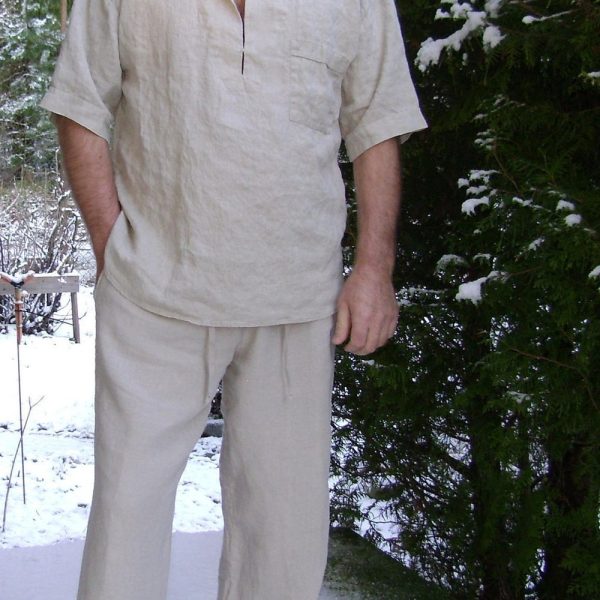 Mens Linen Shirt and Pants, Summer Set, Trouser with Drawstring and Elastic Waist and Side Pocket, Short Sleeve Shirt with Small Collar,