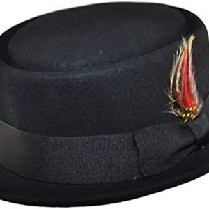 Mens Unisex Handmade 100% Wool Crushable Pork Pie Hat with Removable Feather and Side pin