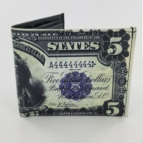 Five Dollar Indian Chief 1918 Silver Certificate Design Inspired Bifold Leather Wallet,Mens Accessories, Handmade & Laserprinted.
