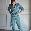Mens green linen button down shirt and pants / Custom green linen suit / Casual pant suit for men plus size / Linen loungewear set