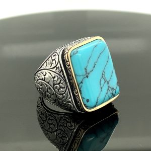 Sterling Silver Ring , Turquoise Stone, Men Rings , Natural Stone ,  Handcrafted Ottoman Men Ring , Turkish handmade , Gift for Him,