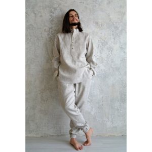 LINEN set for Men: stand up collar shirt, tapered pants. Men’s Linen Vacation Suit, Undyed Linen Suit Men, Mens Organic flax Shirt and Pants