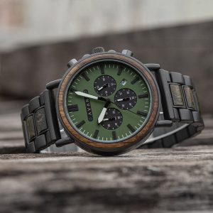 Engraved Wood Watch; Explorer S – 44mm (Green Sandalwood & Black Steel), Mens, Personalized Gift, Groomsmen Gift Set, Handcrafted by Avant