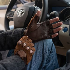 Men’s FINGERLESS Gloves – BROWN – hairsheep suede-nappa leather