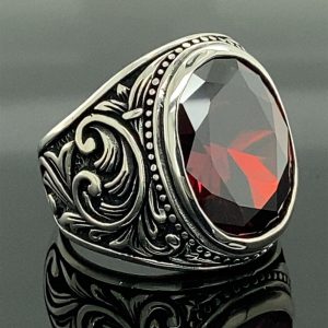 Men Handmade Ruby Stone Ring , Oval Red Stone Ring , Ottoman Style Handmade Ring , 925k Sterling Silver Ring , Gift For Him