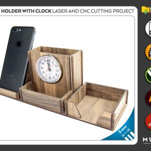 Pen Holder with Clock, Office Product, Co-Worker Gift, Laser cut file, CNC files, dxf, svg, cdr, ai, pdf, Vector Templates, Laser Project