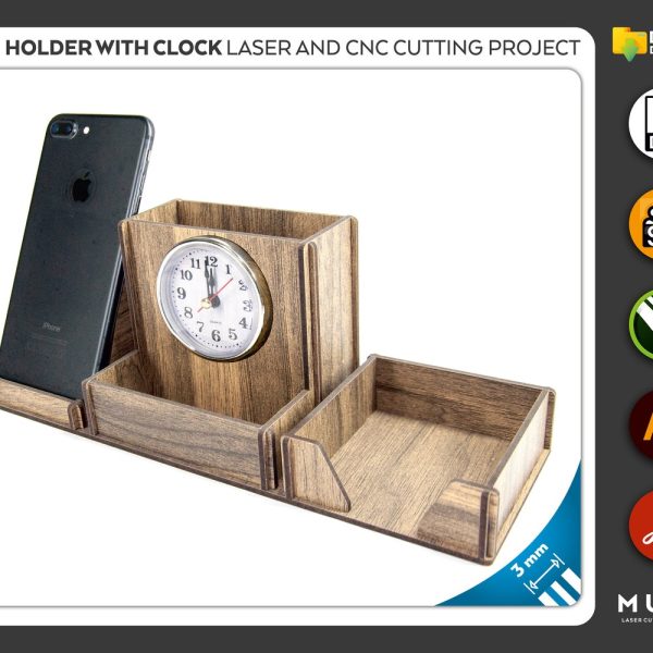 Pen Holder with Clock, Office Product, Co-Worker Gift, Laser cut file, CNC files, dxf, svg, cdr, ai, pdf, Vector Templates, Laser Project