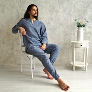MEN LINEN SUIT: V-neck shirt with long sleeves, tapered linen pants. Mens Linen Loungewear, Striped Linen set, Gift for Him! Men’s Flex Suit