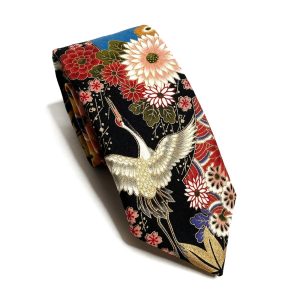 Yakuza Crane And Mount Fuji Kimono Japanese Necktie – Japanese Handmade, Birthday Gift for dad, Japanese Indigo Traditional Neck tie for men