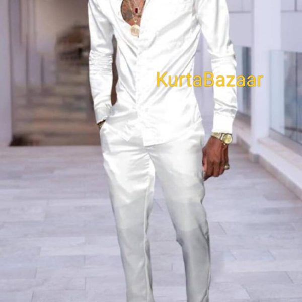 African Mens Outfit, Men’s Clothing, Fashion Casual, Solid Color White Outfits, Mens Shirt Pants Matching Colour