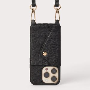 Ultra-Durable Pebbled Black Genuine Leather iPhone Case Crossbody Purse w/ Expanded Wallet Card Pocket – Newest iPhone 16 Series
