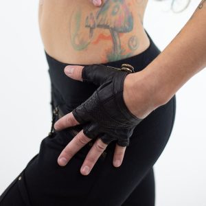 Racer fingerless Leather Gloves- Unisex | python | festival wear | handmade | cosplay | costume | black | brass