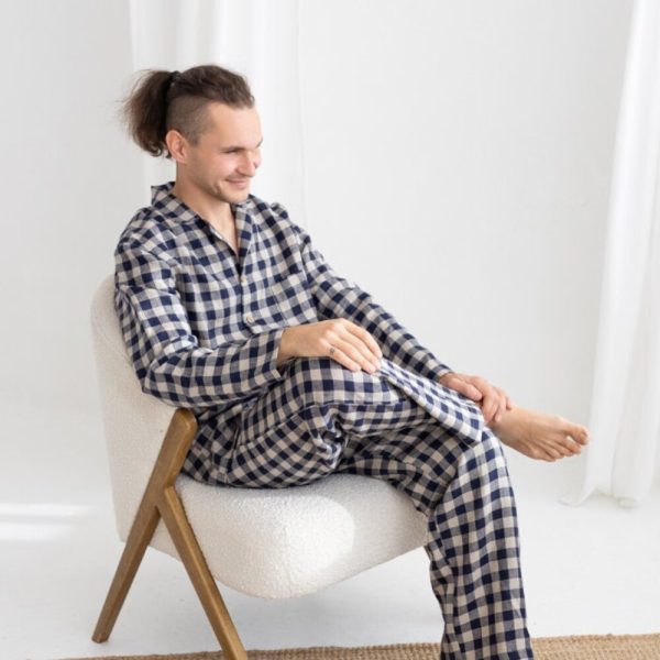 Deep Blue Gingham Linen Pajama Set, Two Piece Linen Men’s Pajama Set,Long Sleeve Linen Pajama,Linen Loungewear Set,Linen Christmas Pajama
