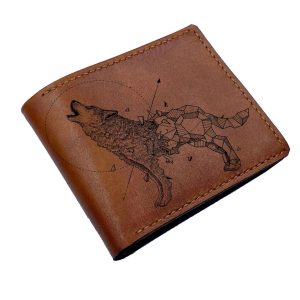 Geometric Wolf Genuine Leather men wallet, premium trifold leather wallet, Handmade wild animal gift, custom Christmas wallet gift idea