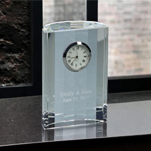 Custom Engraved Optic Crystal Semi Circular Clock 4.5″ tall Desk Clock Award Father’s Day Valentine’s Personalized Free