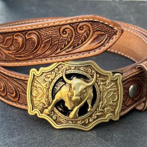 Handmade Western Floral Engraved Leather Belt with Buckle, Leather Snap-On Belt, Full Grain Cowhide with Snaps 1-1/2″ WIDE, Birthday Gift