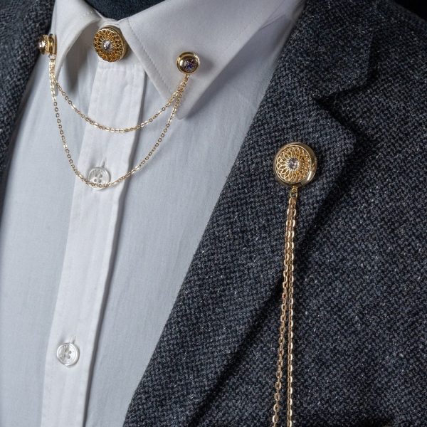 Handmade Pink Stone Shirt Jacket Collar Chain Brooch Set, Lapel Pin,Shirt Chain Pin, Lapel Brooch,  Wedding Accessory, Gift For Him