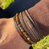 Men’s Natural Stone Beaded Bracelet, Set of 3 Bracelets with Gemstone Hematite Beaded Bracelet, Tiger Eye Bracelet, Leather Bracelet 20.50cm