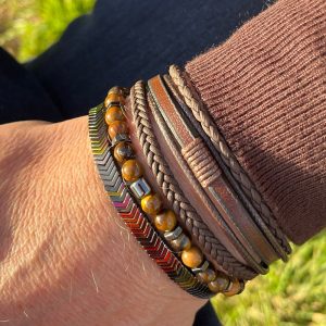 Men’s Natural Stone Beaded Bracelet, Set of 3 Bracelets with Gemstone Hematite Beaded Bracelet, Tiger Eye Bracelet, Leather Bracelet 20.50cm