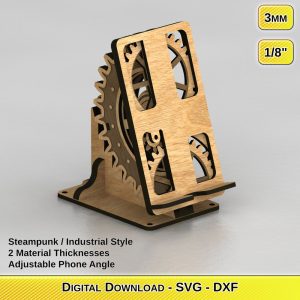 Laser Cut Steampunk Phone Stand Files – Adjustable Angle – 2 Material Thicknesses