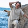 MEN LINEN SET: band collar shirt with roll-up sleeves, tapered linen pants. Gift for Him! Special occasion pure linen set. Best man suit.