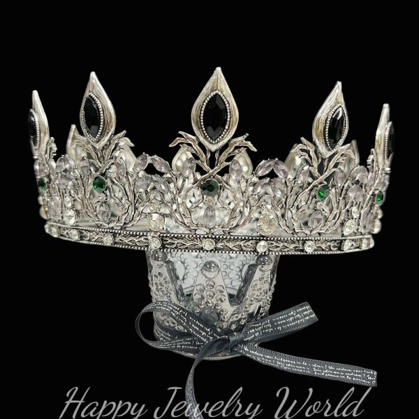 Vintage Silver King Crown, Black Crystal Crown, Silver Knight Crown, Royal Prince Crown, Medieval Crown for Men’s, Halloween Party Accessory