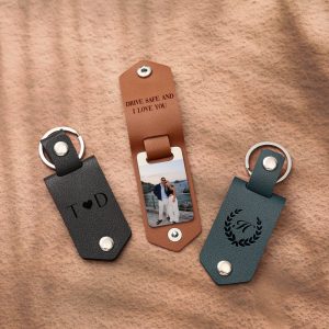 Personalized Mens Keychain with Photo, Fathers Day, Custom Text Leather Keyring, Leather Photo Key Fob, Faux Leather Keychain With Photo