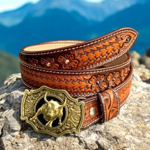 Cowhide Leather Belt Handmade Men’s Western Belt Genuine Full Grain Leather Heavy Duty Embossed Belt Cowboy Belts Snap-On Belt Strap