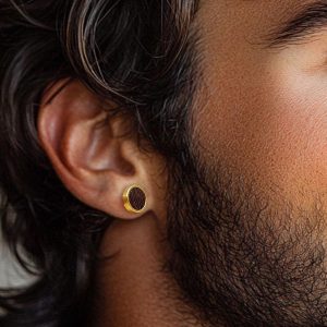 Handmade Men’s Gold Stud Earrings, Natural Wood and Gold-Plated Steel, Round Minimalist Design, Perfect for Everyday or Special Occasions