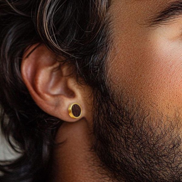 Handmade Men’s Gold Stud Earrings, Natural Wood and Gold-Plated Steel, Round Minimalist Design, Perfect for Everyday or Special Occasions