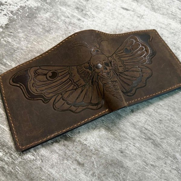 Hydraulic pressing Moth Genuine Wax Leather wallet, Premium handmade wallet, Never faded suede wallet, Insect unique Christmas unisex wallet