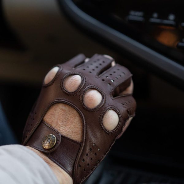 Men’s FINGERLESS Gloves – BROWN – hairsheep leather