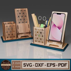 Laser Cut Pencil Case and Phone Stand SVG File, Desk Organizer Digital Template, Multifunctional Office Accessory Design