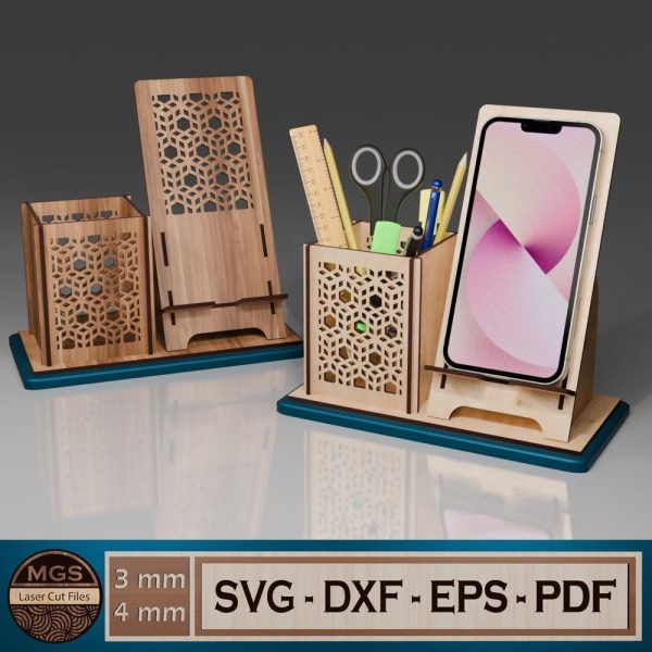 Laser Cut Pencil Case and Phone Stand SVG File, Desk Organizer Digital Template, Multifunctional Office Accessory Design