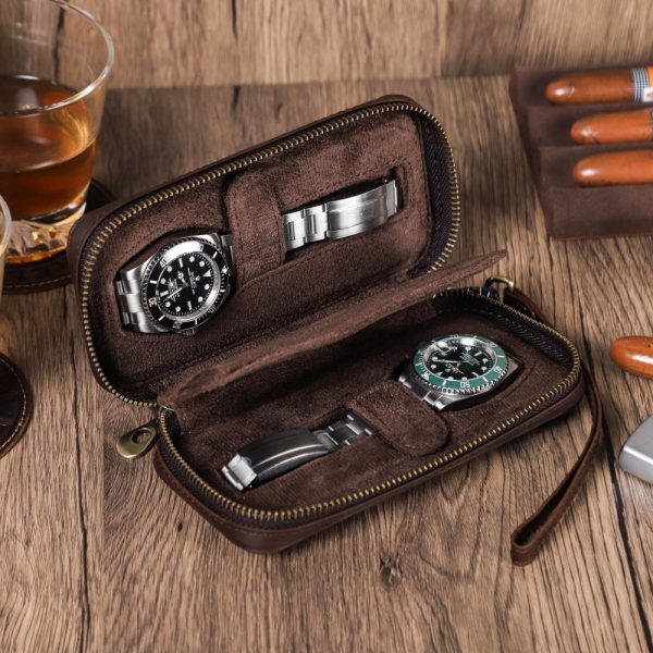 Handmade Leather Watch Case, Watch Men Organizer, 2 Slots Watch Travel Pouch, Handle Watch Holder, Custom Men Gift
