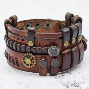 Steampunk Leather brown bracelet. Wristbands with gears and mechanisms. Handmade in Ukraine! Unisex gift for parties or everyday wear.