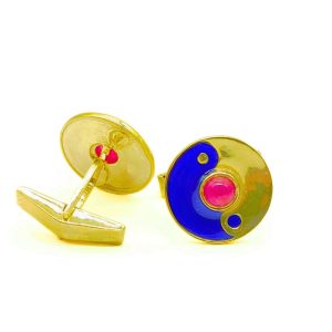 Blue Enamel Silver Cufflinks Round Shape Stone – Elegant Men Accessories, Handmade Jewelry, Stylish Cufflinks for Weddings Special Occasions