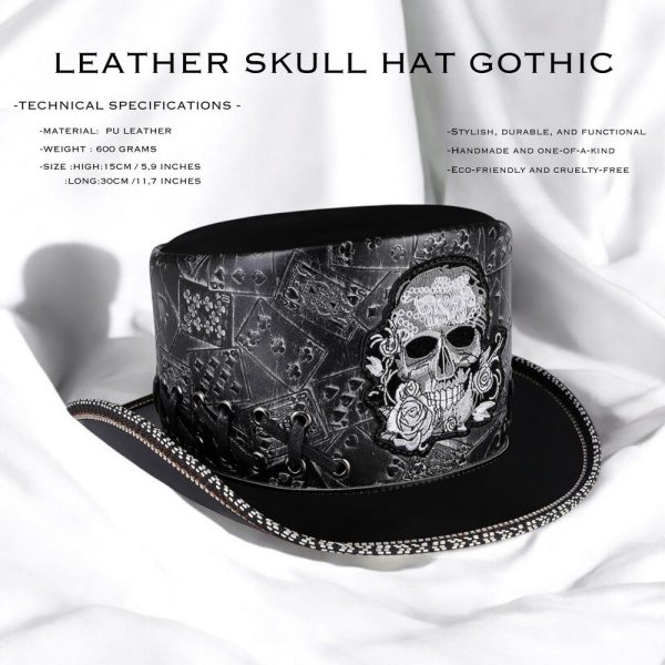 Gothic Skull Leather Hat, Handmade Steampunk Top Hat, Festival & Cosplay Accessory, Rock Punk Halloween Costume, Unique Gift