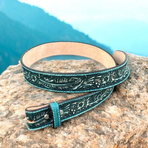Hand Painted Green Floral Leather Belt Western Leather Belt For Women and Men, Cowboy Embossed Tooled Full Grain Leather, Engraved Belt Gift