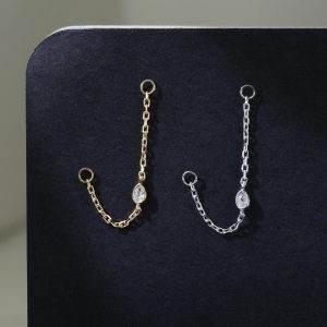 Sparkling Gemstone Pear Chain Attachment Ear Jacket Dangle Charm Chain Accessory for Cartilage Helix Conch Earring Silver Nose Chain