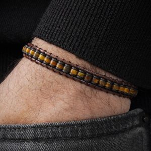 Tiger’s Eye Natural Stone Men’s Bracelet with Leather Details, Stylish Brown Bracelet, Gift for Him, Luxury Jewelry, Men’s Gift Ideas