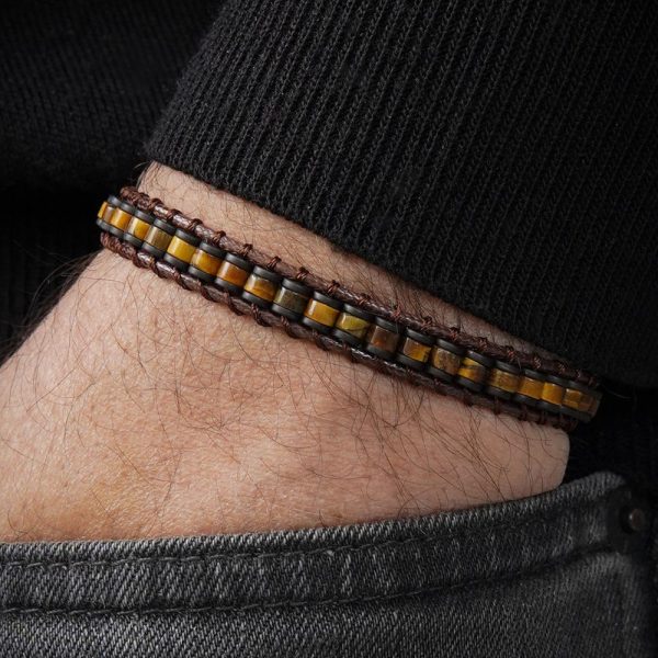 Tiger’s Eye Natural Stone Men’s Bracelet with Leather Details, Stylish Brown Bracelet, Gift for Him, Luxury Jewelry, Men’s Gift Ideas
