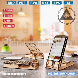 Adjustable phone holder / iPhone stand 2mm, 3mm, and 3.18mm (1/8in) laser cut CNC vector file. Tested on Diod laser machine.