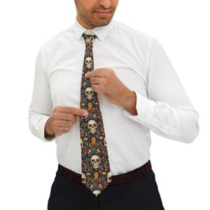 Skull Floral Necktie – Gothic Fashion Accessory, Halloween Costume Tie, Men’s Gift, Cosplay Statement Neckwear