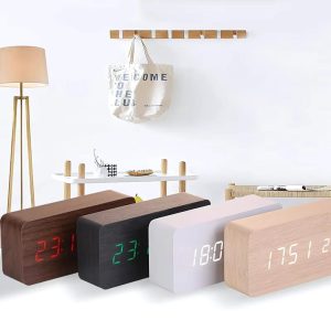 Wooden Digital LED Alarm Clock – Temp, Sound Control | USB-Powered Modern Desk Clock | Adjustable Brightness, 3 Designs | Home & Office Gift