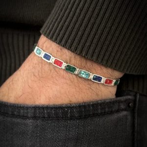 925 Sterling Silver Men’s Bracelet with Mixed Natural Stones, Colorful Beaded Bracelet, Handmade Jewelry, Gift for Him