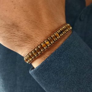 Tiger Eye Hematite Bracelet – Men’s Beaded Bracelet – Gold Tone Stone Bracelet – Handmade Leather Bracelet – Adjustable Gift for Him